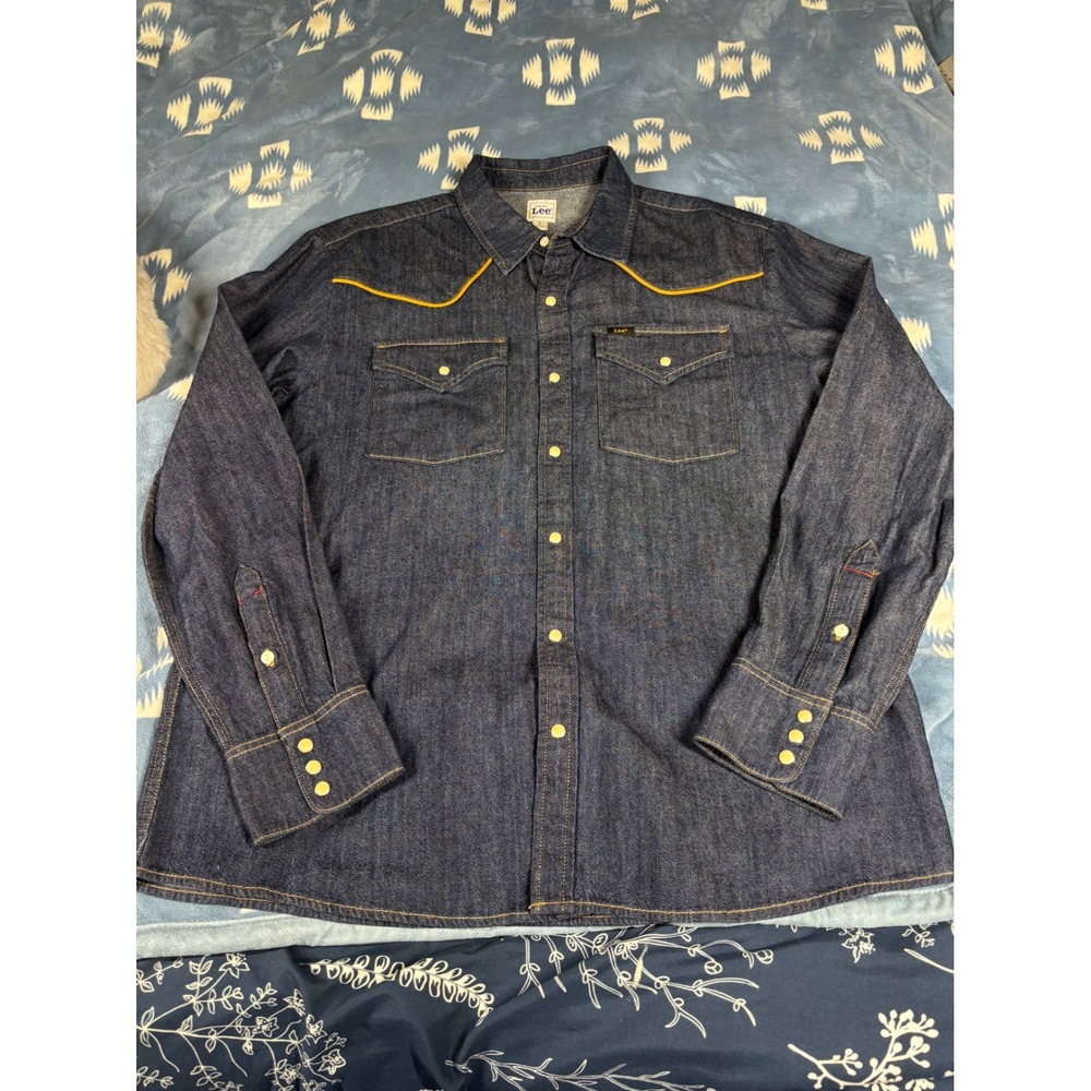 Kacey Musgraves x Lee Mens Large Dark Wash Denim Western Snap Shirt Piping NEW